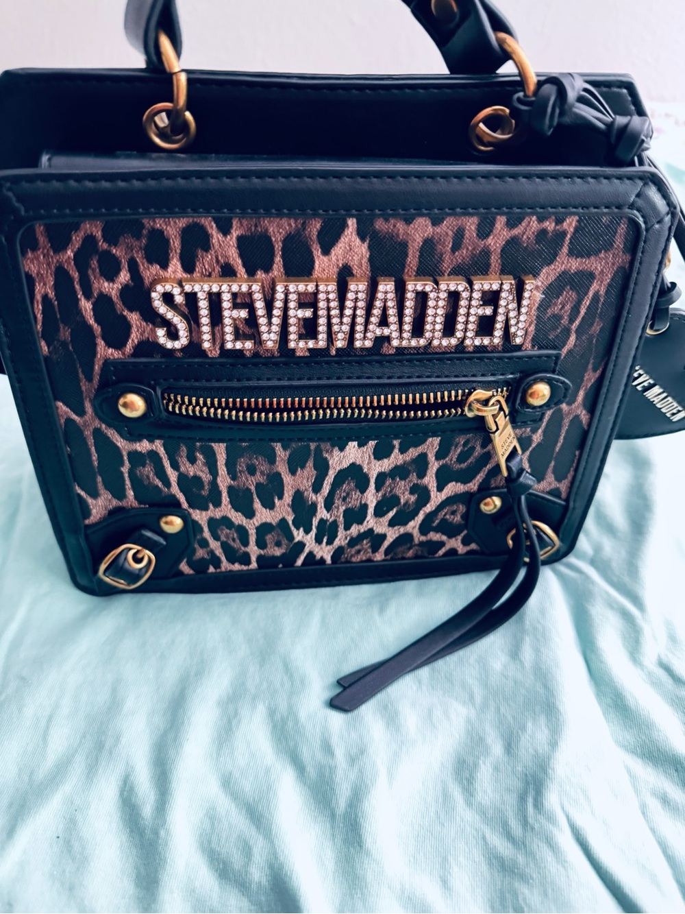 Steve Madden Leopard Satchel in Black and Brown with Rhinestone Logo